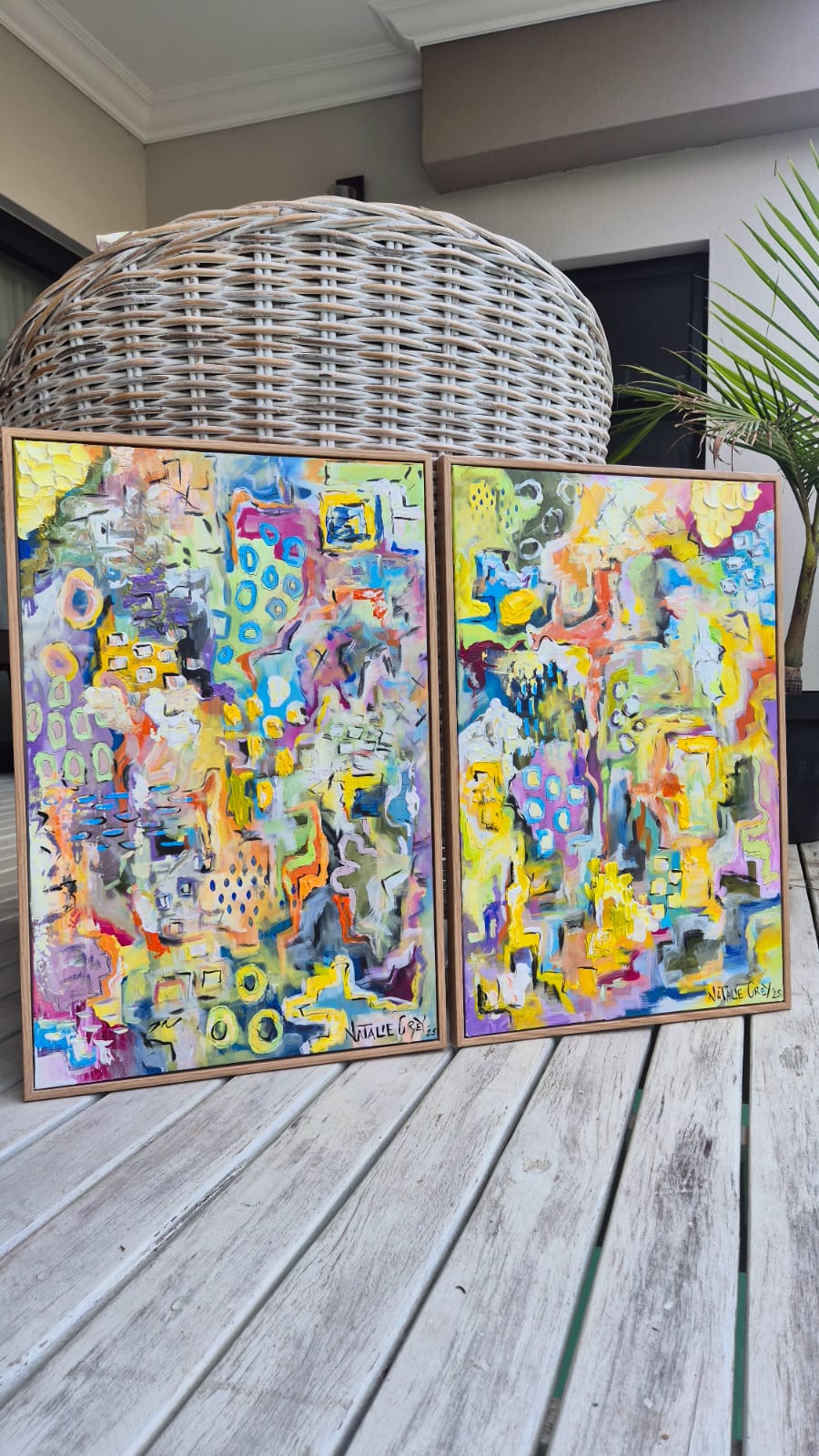 '- SOLD - "Dreaming" - Set Of Two - 40 x 60cm each - Acrylic On Canvas - Framed In Natural Oak - Image 16