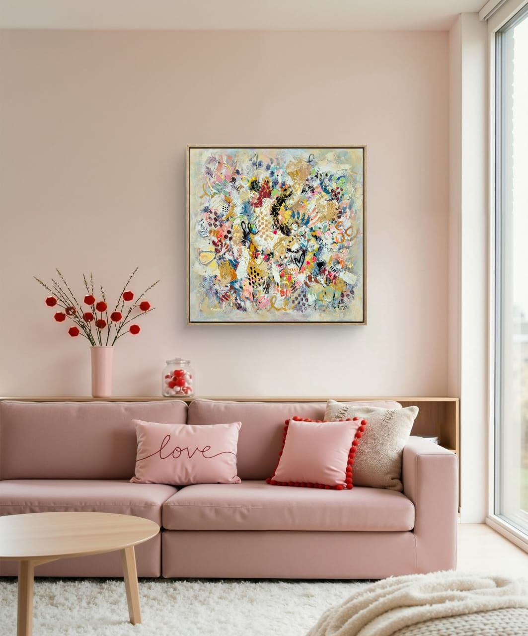 '- SOLD - "Amor" - 100 x 100cm - Acrylic On Canvas - Framed in Light Oak - Image 8