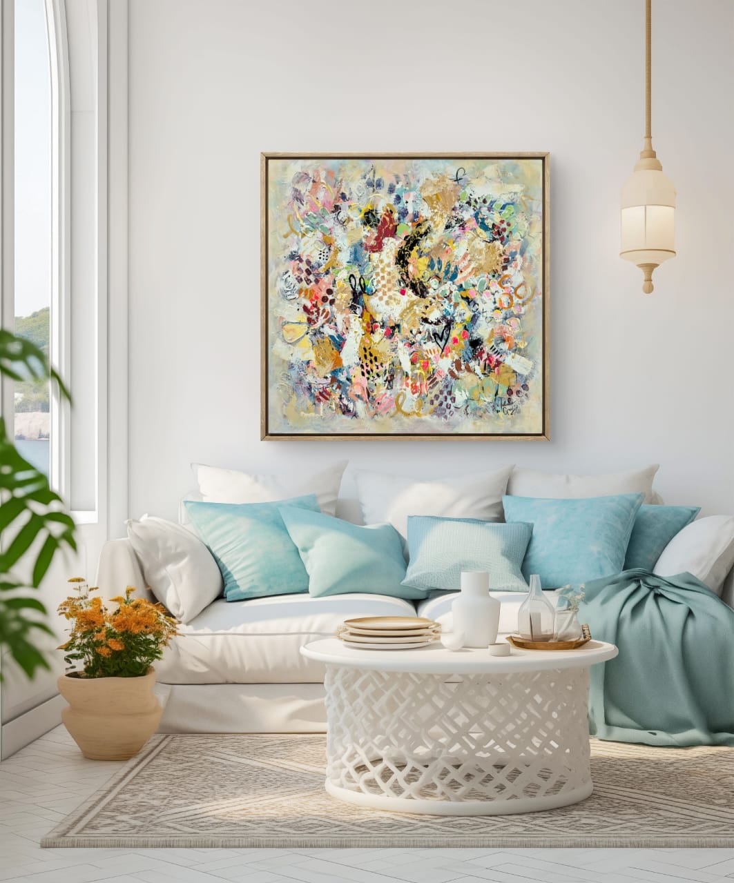'- SOLD - "Amor" - 100 x 100cm - Acrylic On Canvas - Framed in Light Oak - Image 10