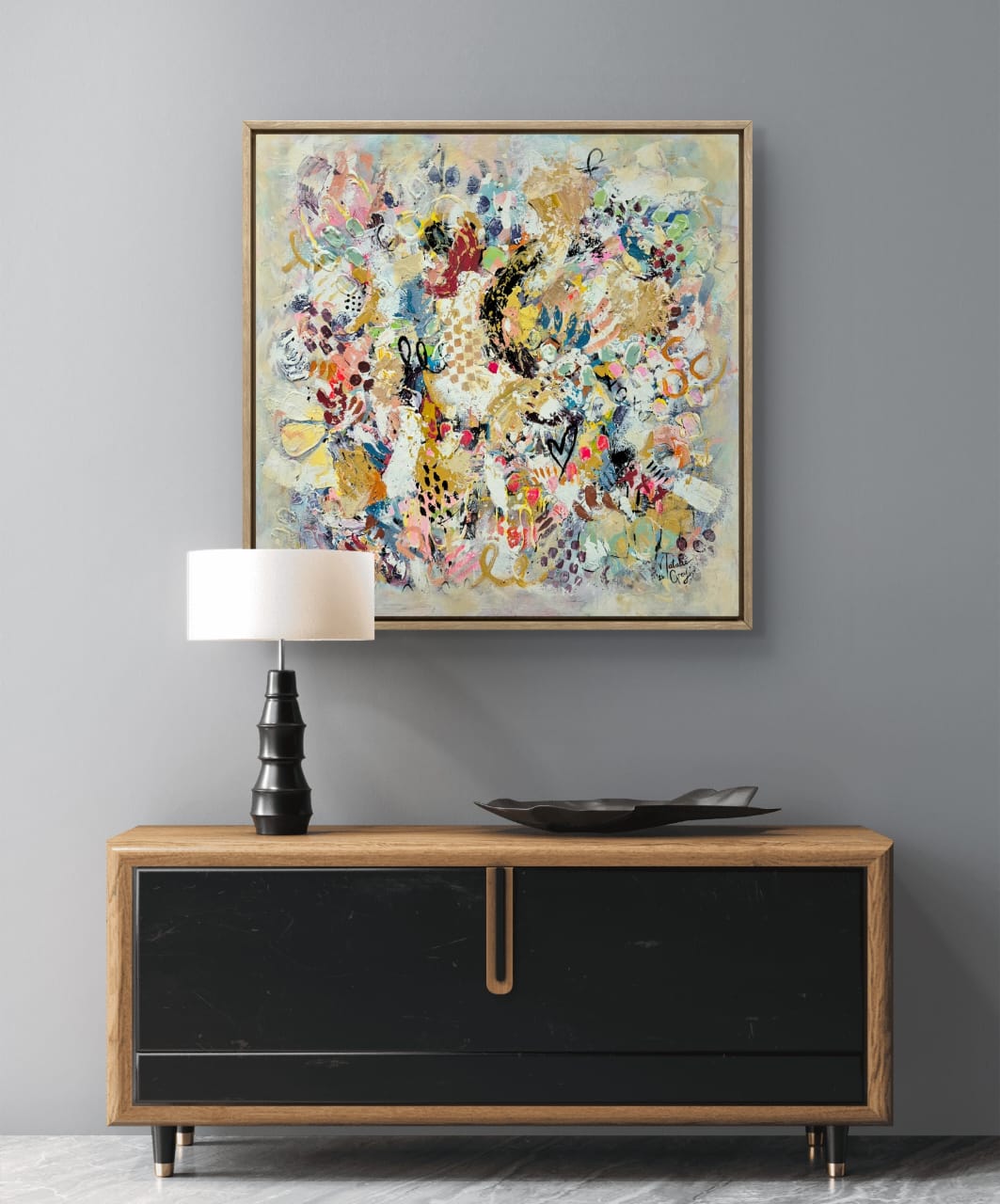 '- SOLD - "Amor" - 100 x 100cm - Acrylic On Canvas - Framed in Light Oak - Image 6
