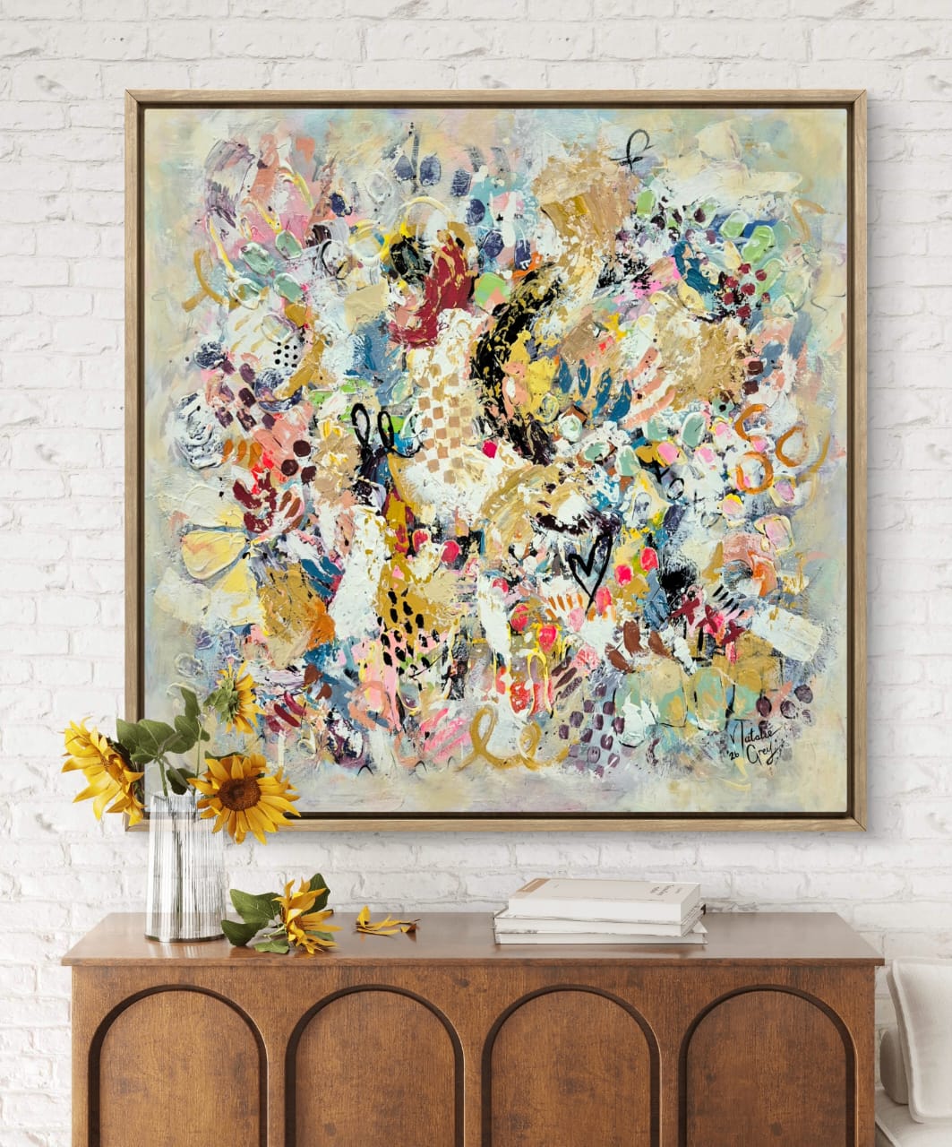 '- SOLD - "Amor" - 100 x 100cm - Acrylic On Canvas - Framed in Light Oak - Image 5