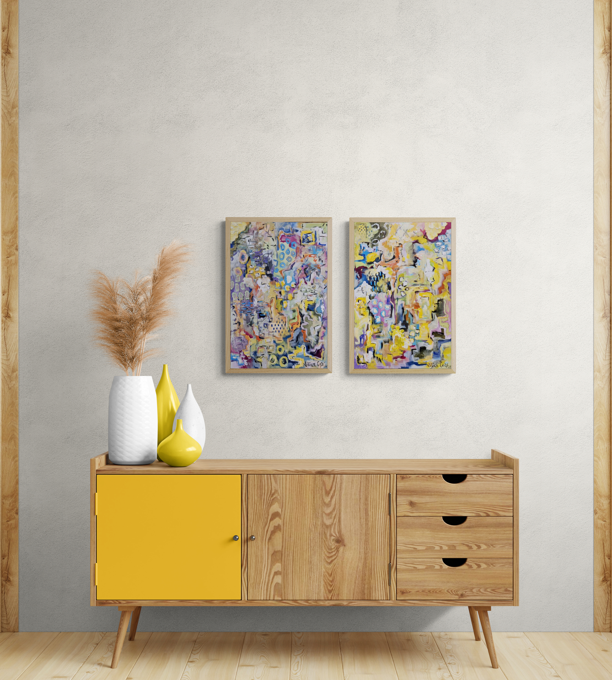 '- SOLD - "Dreaming" - Set Of Two - 40 x 60cm each - Acrylic On Canvas - Framed In Natural Oak - Image 12