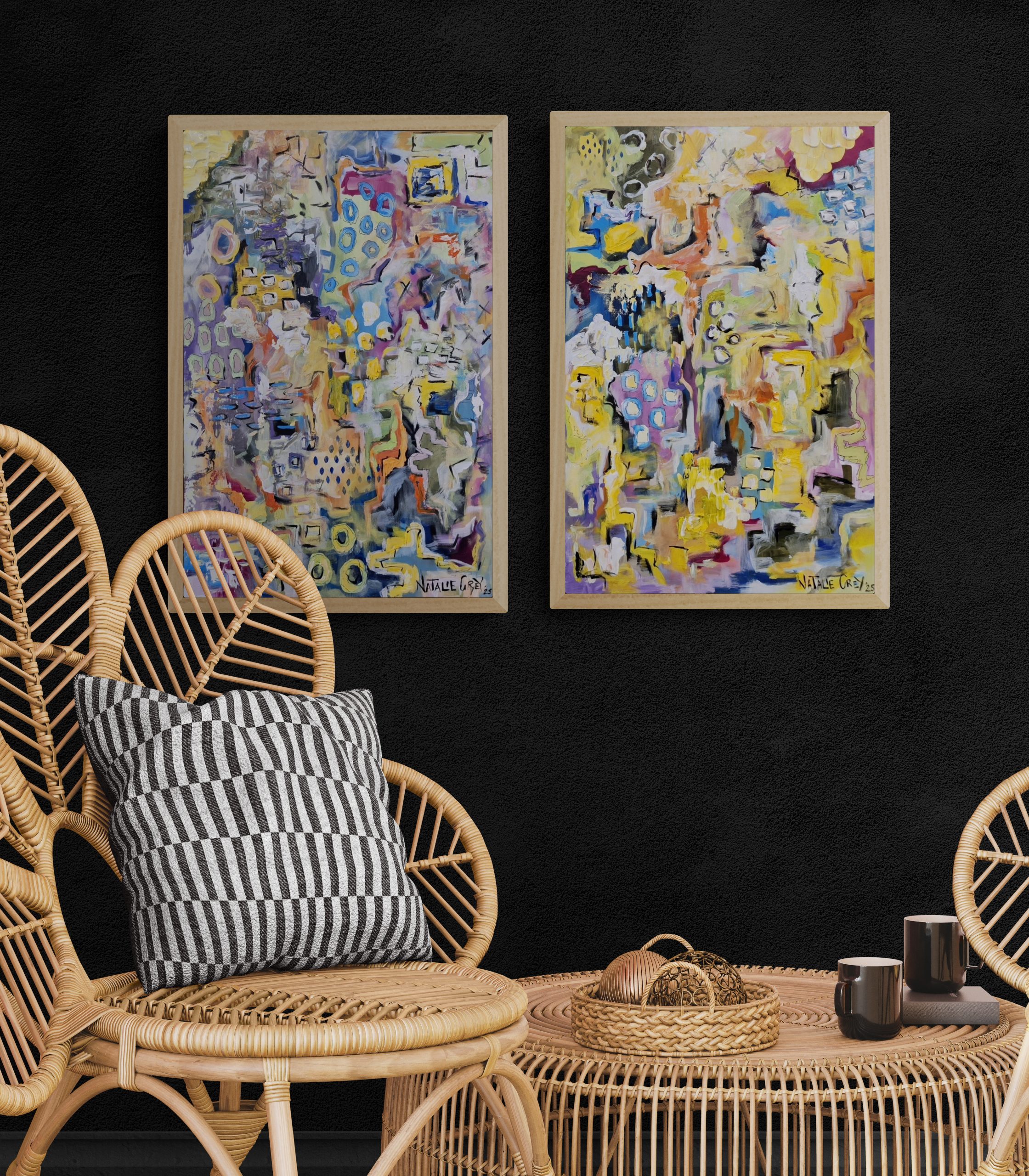 '- SOLD - "Dreaming" - Set Of Two - 40 x 60cm each - Acrylic On Canvas - Framed In Natural Oak - Image 4